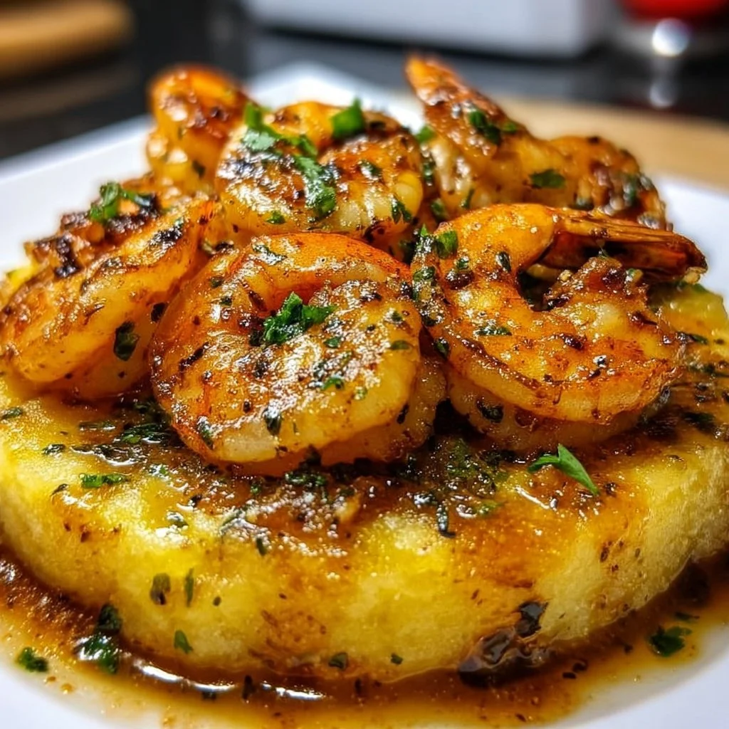Delicious Garlic Shrimp Mofongo served with a side of sauce and garnished with herbs.