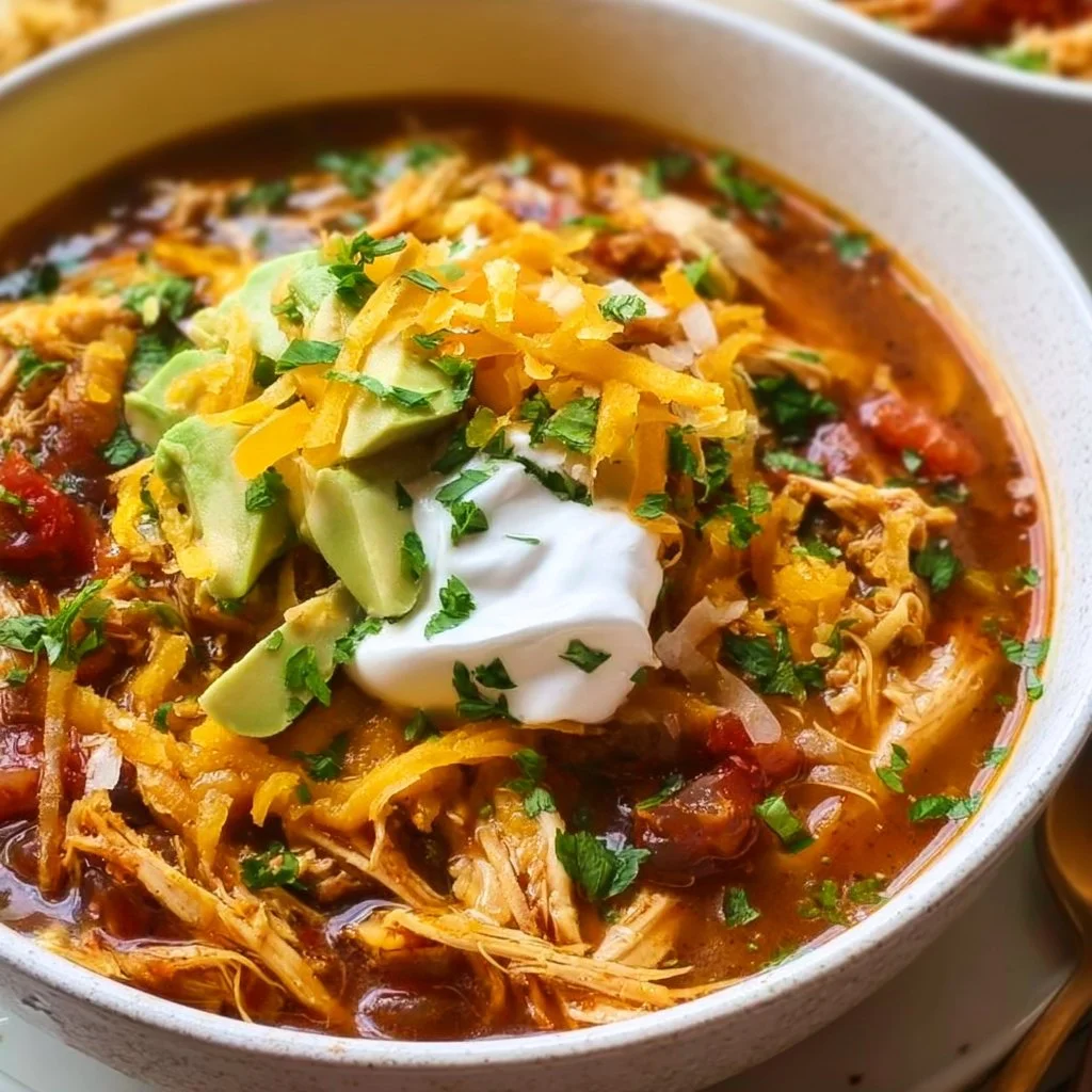 A steaming bowl of Gluten Free Slow Cooker Chicken Tortilla Soup topped with fresh cilantro.