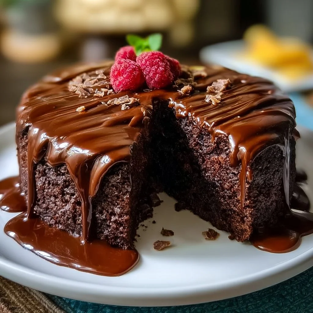 Gluten-free vegan one bowl chocolate cake topped with chocolate frosting.