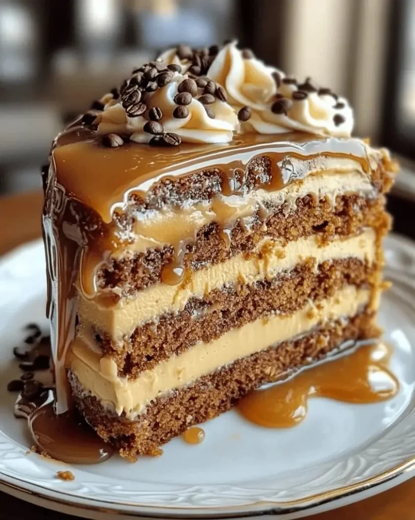Gooey coffee caramel cake topped with rich caramel drizzle