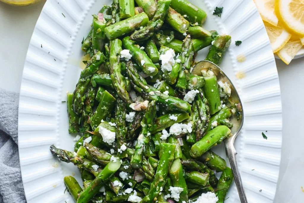 Delicious Greek Asparagus Salad with feta and lemon dressing