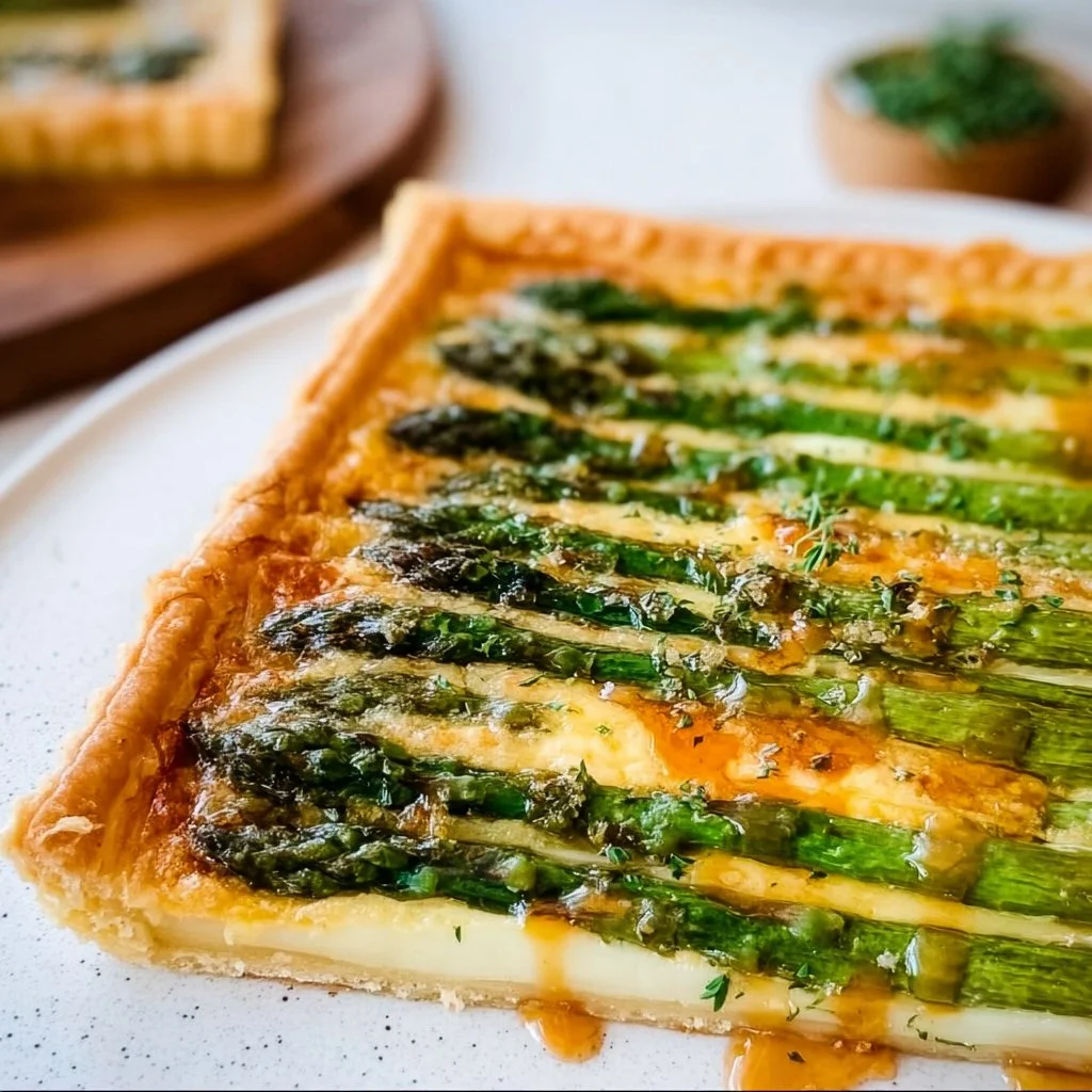 Delicious green asparagus tart garnished and ready to serve