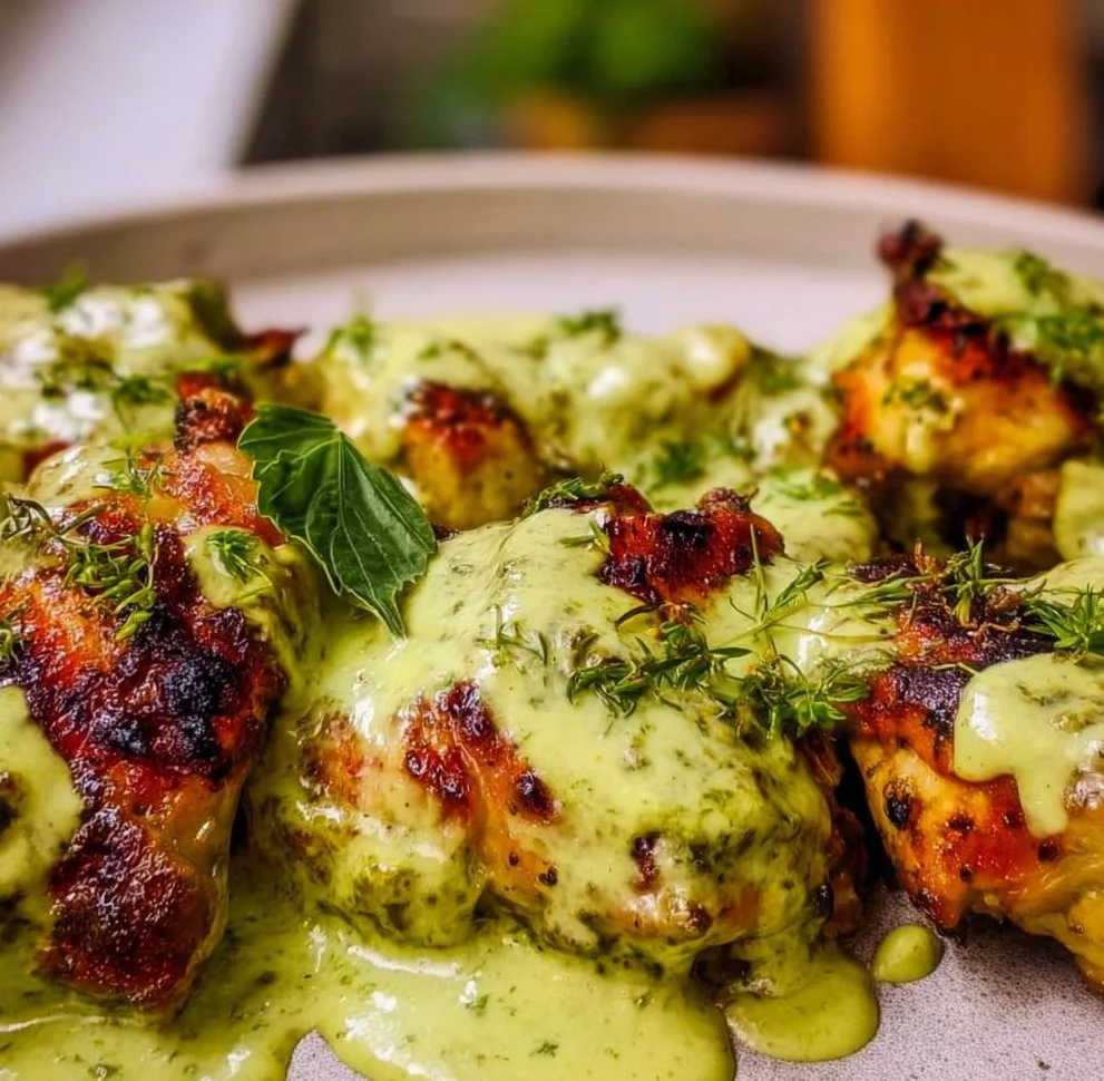 Plate of Green Goddess Chicken garnished with fresh herbs and vegetables
