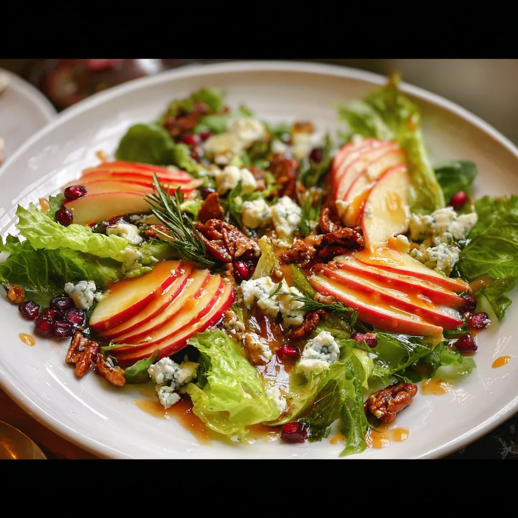 Fresh green salad topped with apples and blue cheese