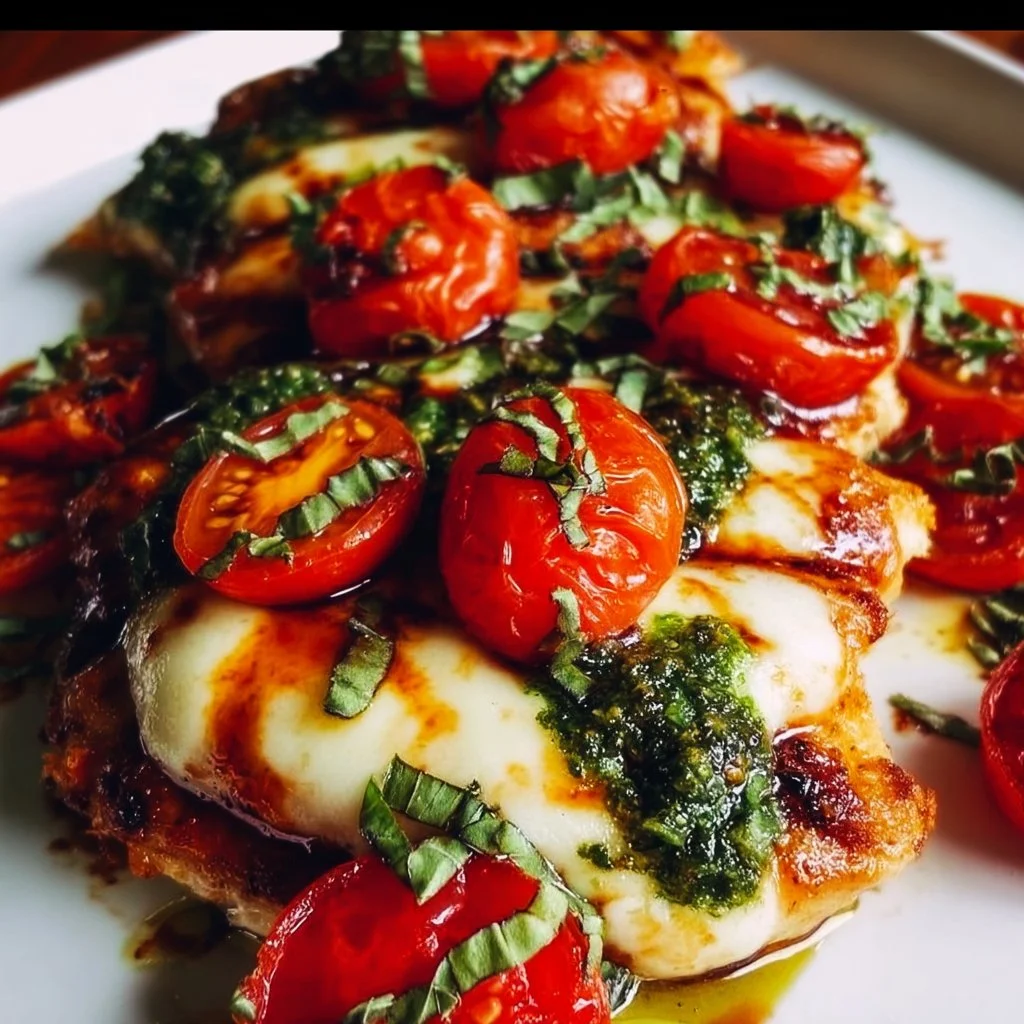 Grilled Chicken Margherita served with fresh basil and mozzarella