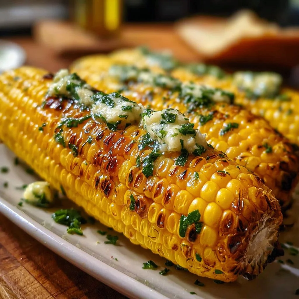 Grilled corn on the cob with garlic herb butter served on a plate