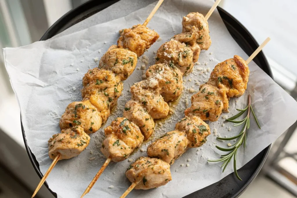 Grilled ranch garlic parmesan chicken skewers on a plate with herbs