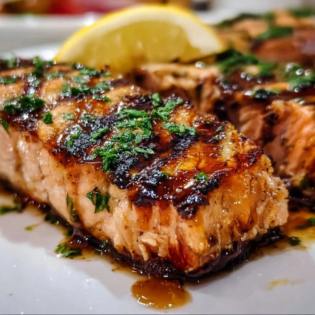 Grilled salmon fillet with lemon garlic soy marinade on a plate