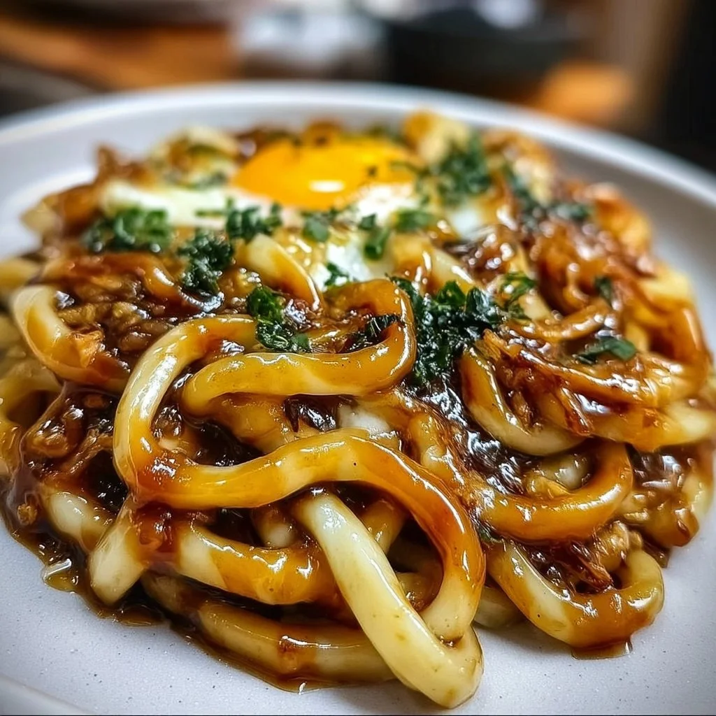 Plate of grilled udon noodles seasoned with vegetables and sauce