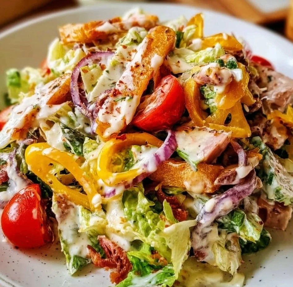A colorful and vibrant Grinder Salad served in a bowl with fresh ingredients.