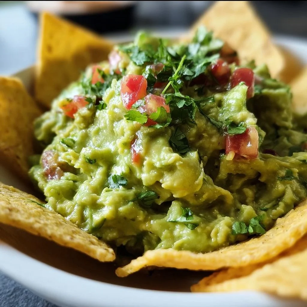 Bowl of fresh guacamole with lime and cilantro garnish