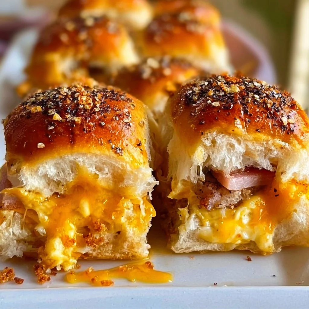 Delicious Hawaiian Roll Breakfast Sliders with eggs and ham on a plate