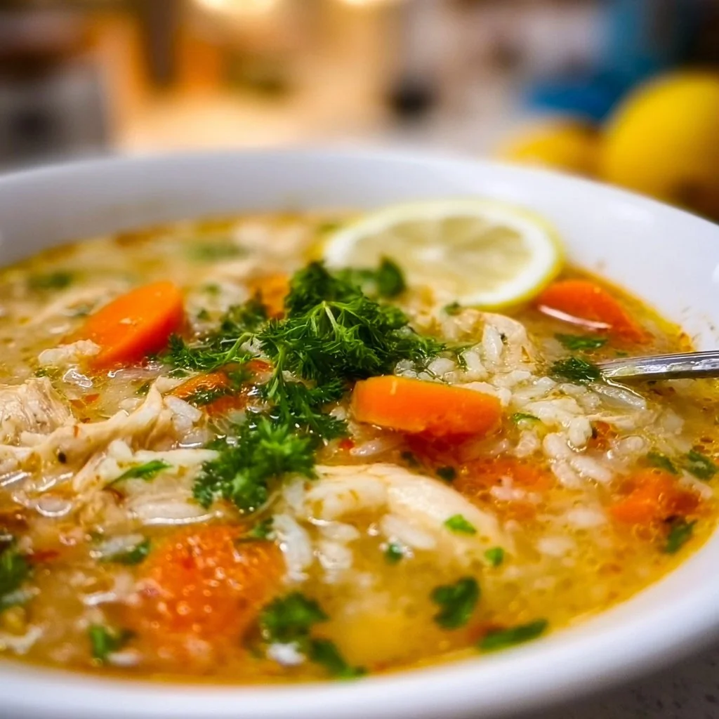 Healthy lemon chicken rice soup garnished with herbs and lemon slices.