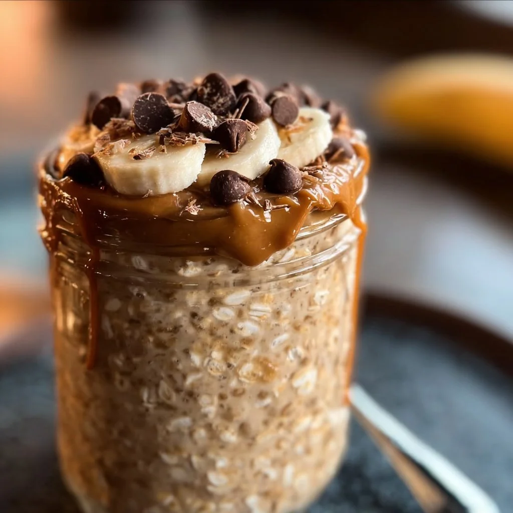 Bowl of high-protein peanut butter overnight oats topped with nuts