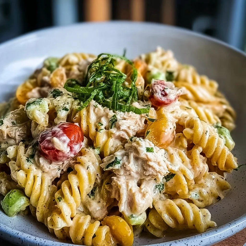 High protein tuna pasta salad with colorful veggies and dressing.