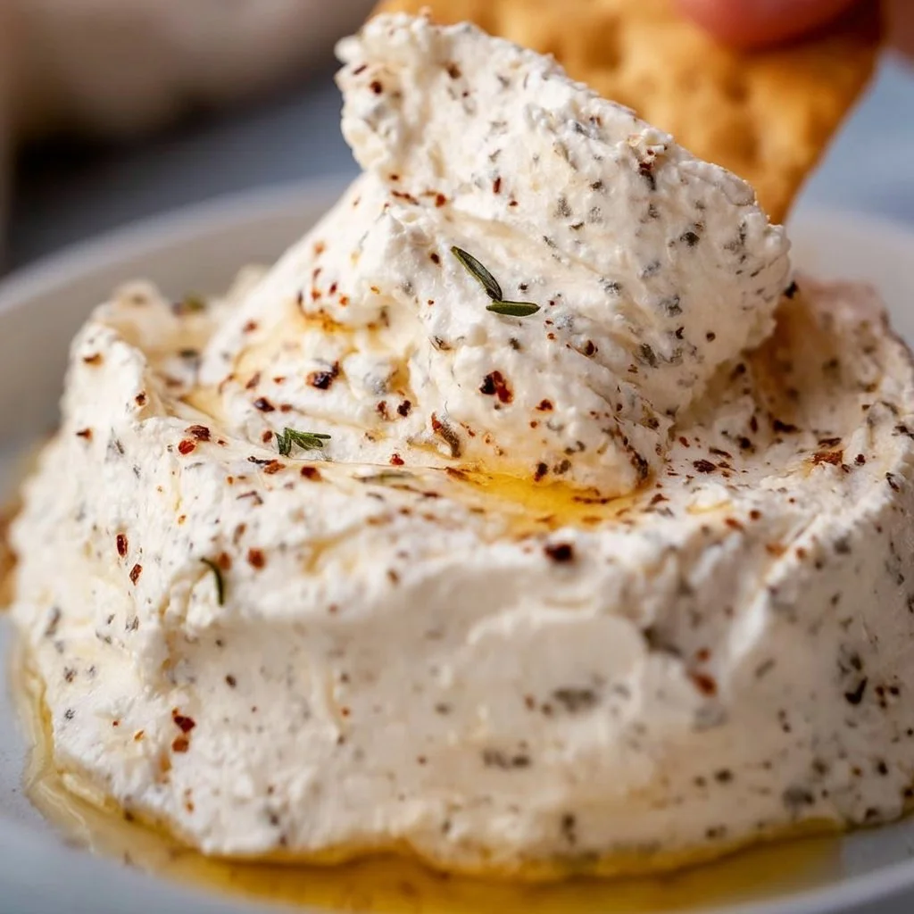 Bowl of homemade Boursin cheese with herbs and spices