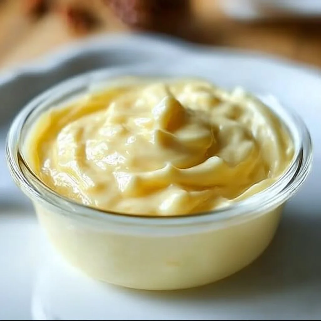 Bowl of creamy homemade mayonnaise with fresh ingredients