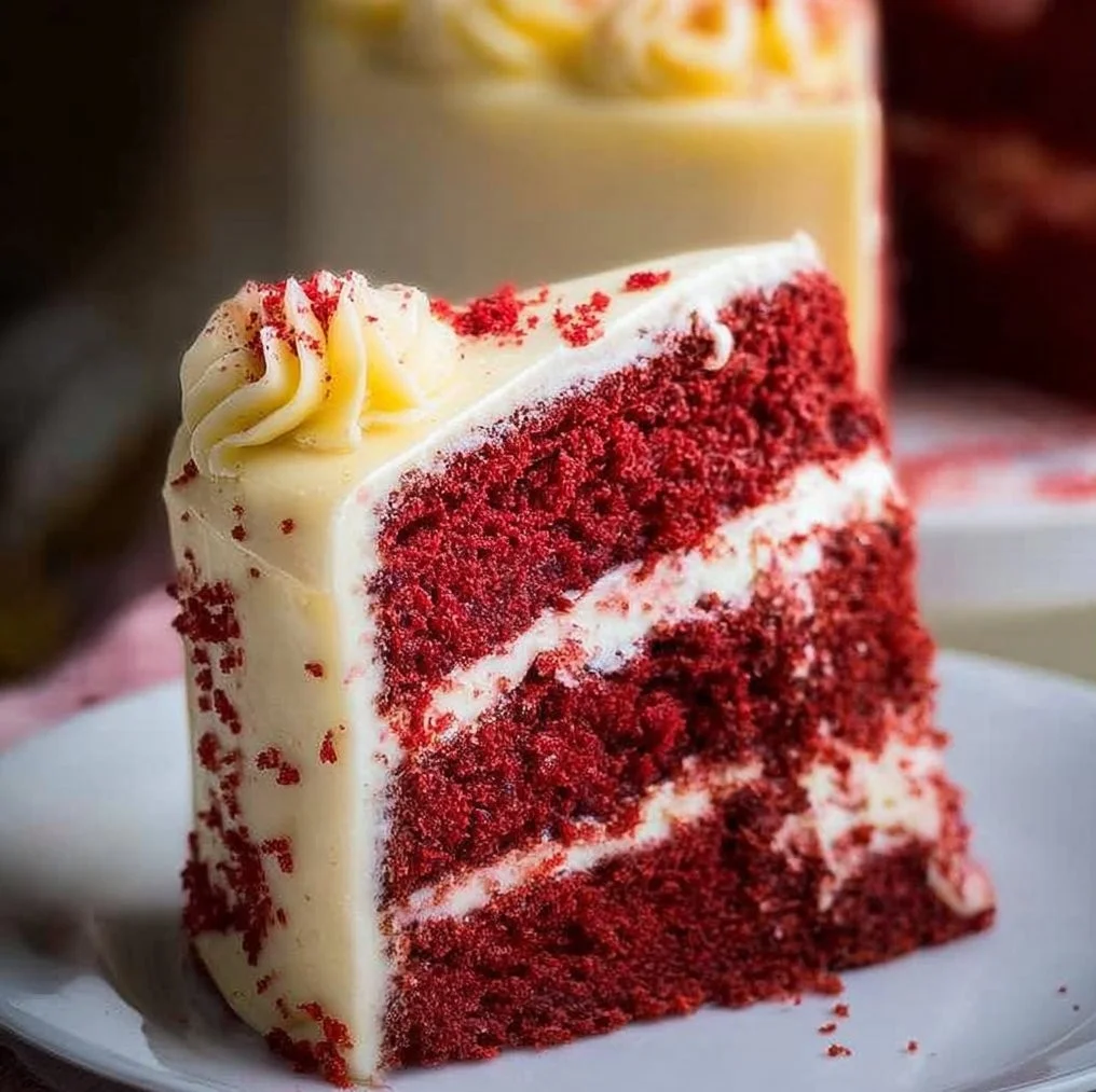 Delicious homemade red velvet cake with cream cheese frosting.