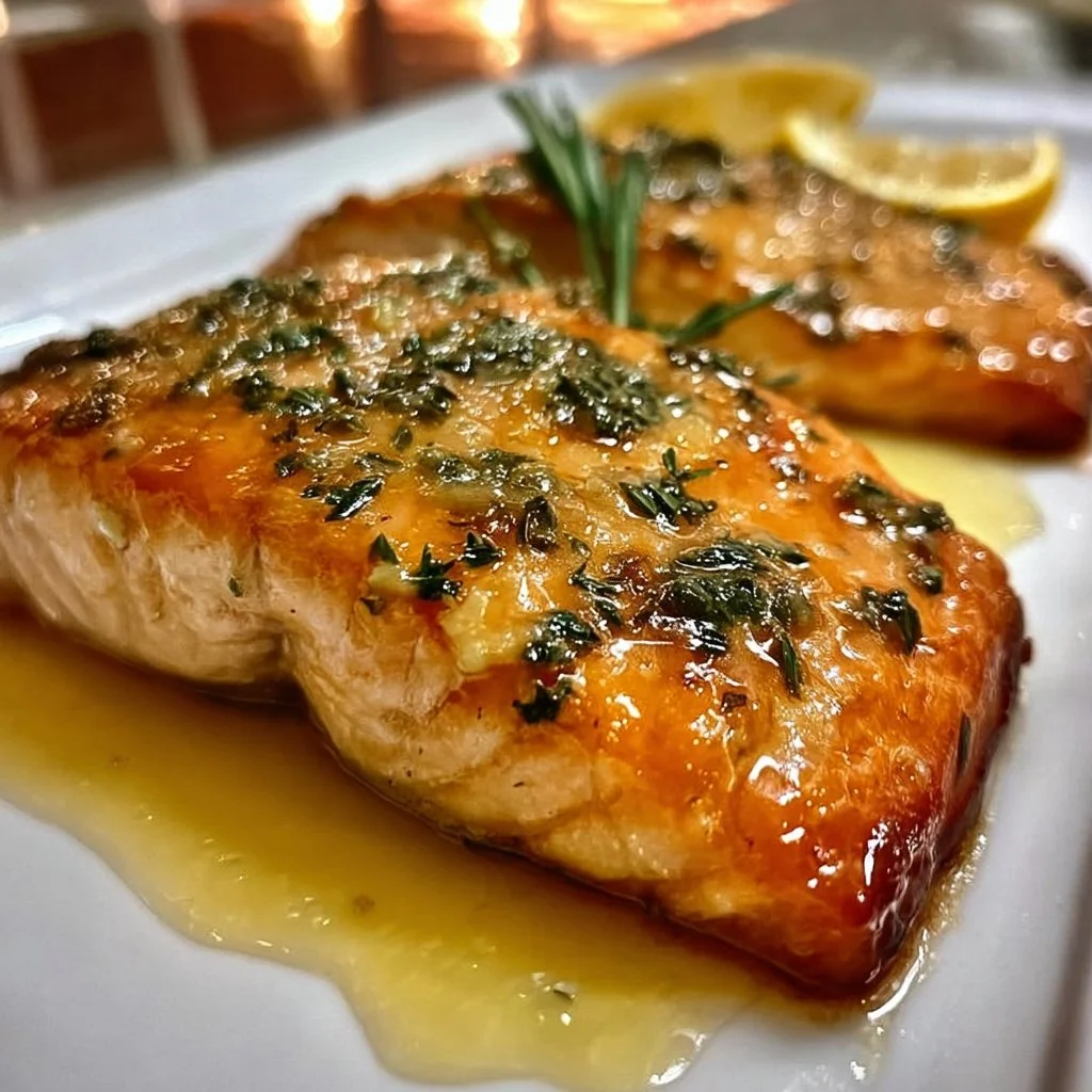Honey baked salmon with a golden glaze served on a plate