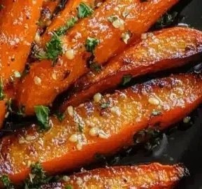 Delicious honey garlic butter roasted carrots on a serving plate