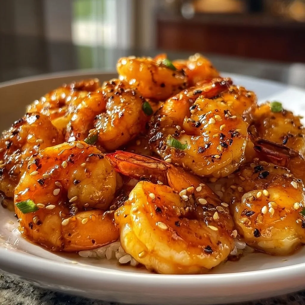 Plate of honey garlic shrimp garnished with herbs