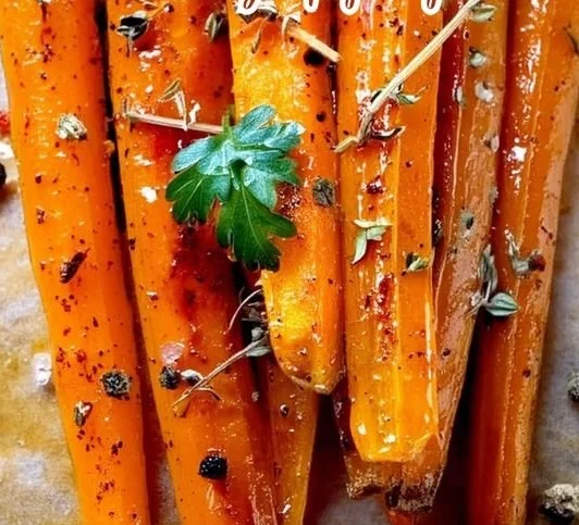 Plate of delicious honey roasted carrots garnished with fresh herbs.