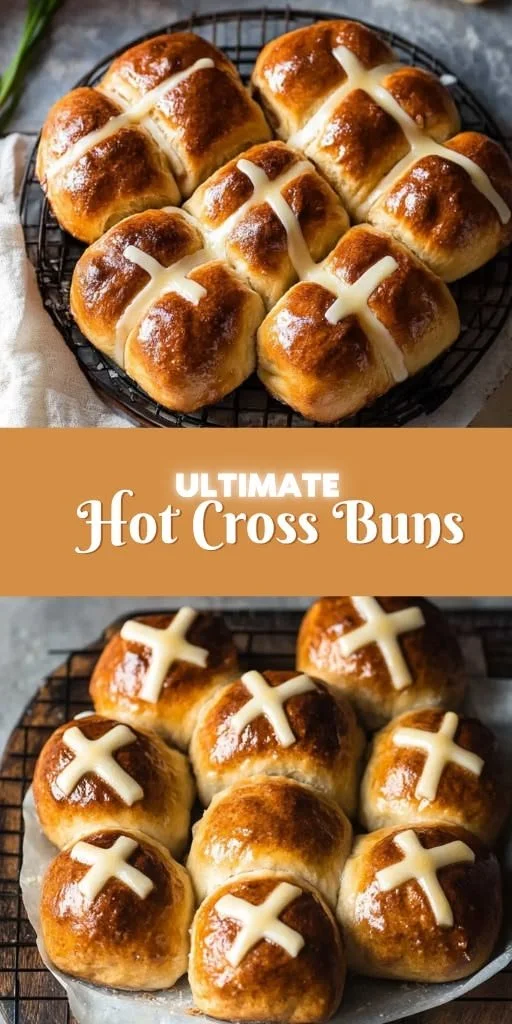 Freshly baked Hot Cross Buns on a cooling rack.