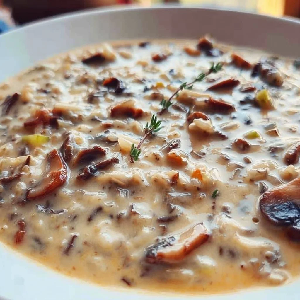 Bowl of Instant Pot wild rice mushroom soup garnished with fresh herbs