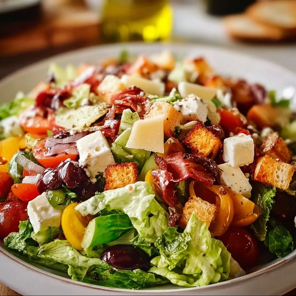 A colorful bowl of Italian Chopped Salad with fresh vegetables and dressing.