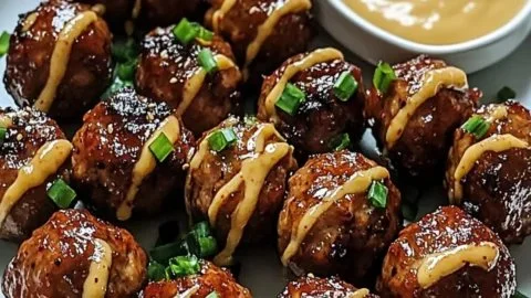 Delicious Korean BBQ meatballs served with spicy mayo sauce