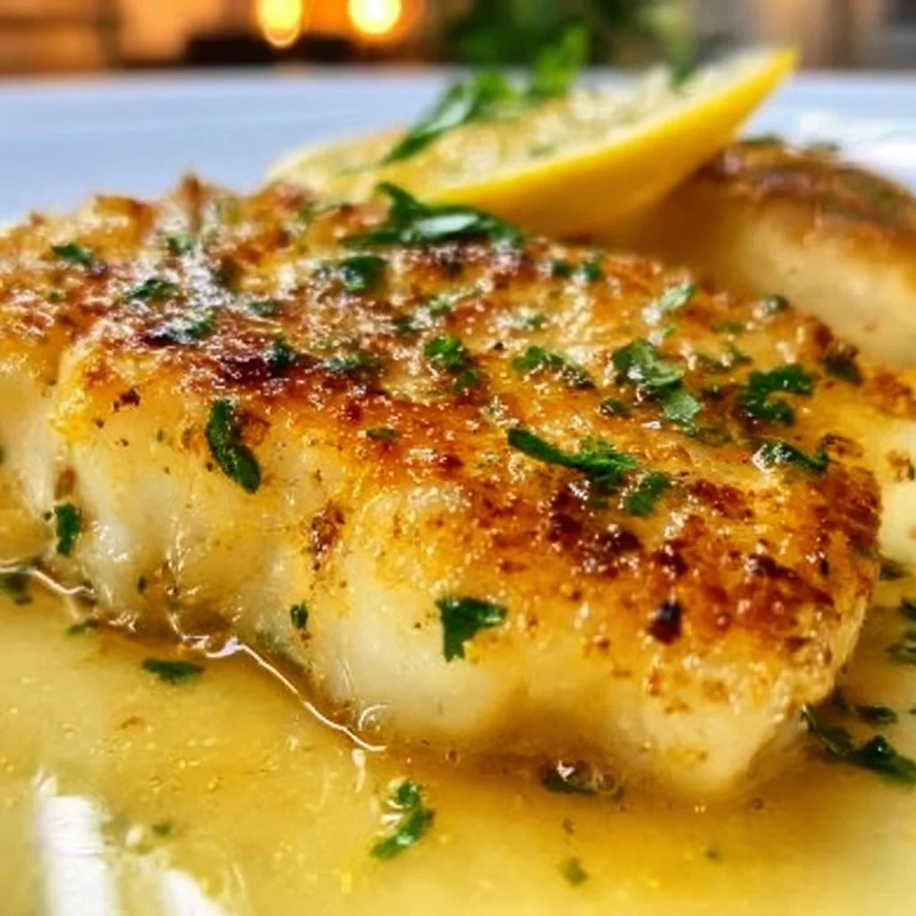 Lemon Butter Fish Fillet garnished with herbs and lemon slices