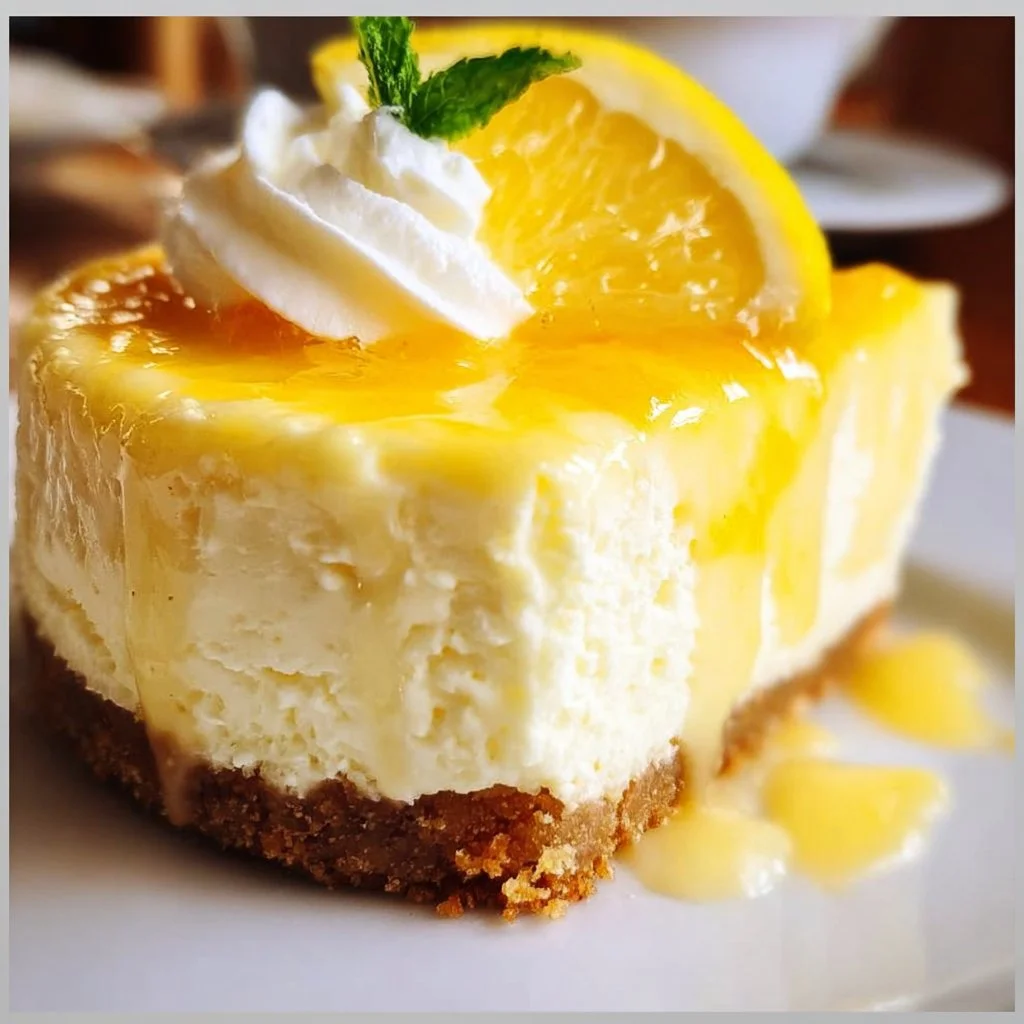 Slice of lemon cheesecake topped with fresh lemon zest and mint leaves