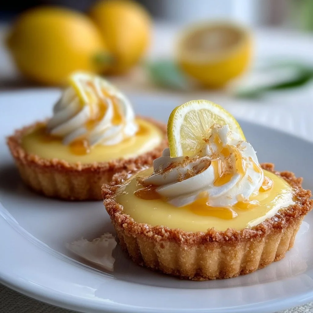 Delicious lemon curd tartlets on a beautiful serving plate.