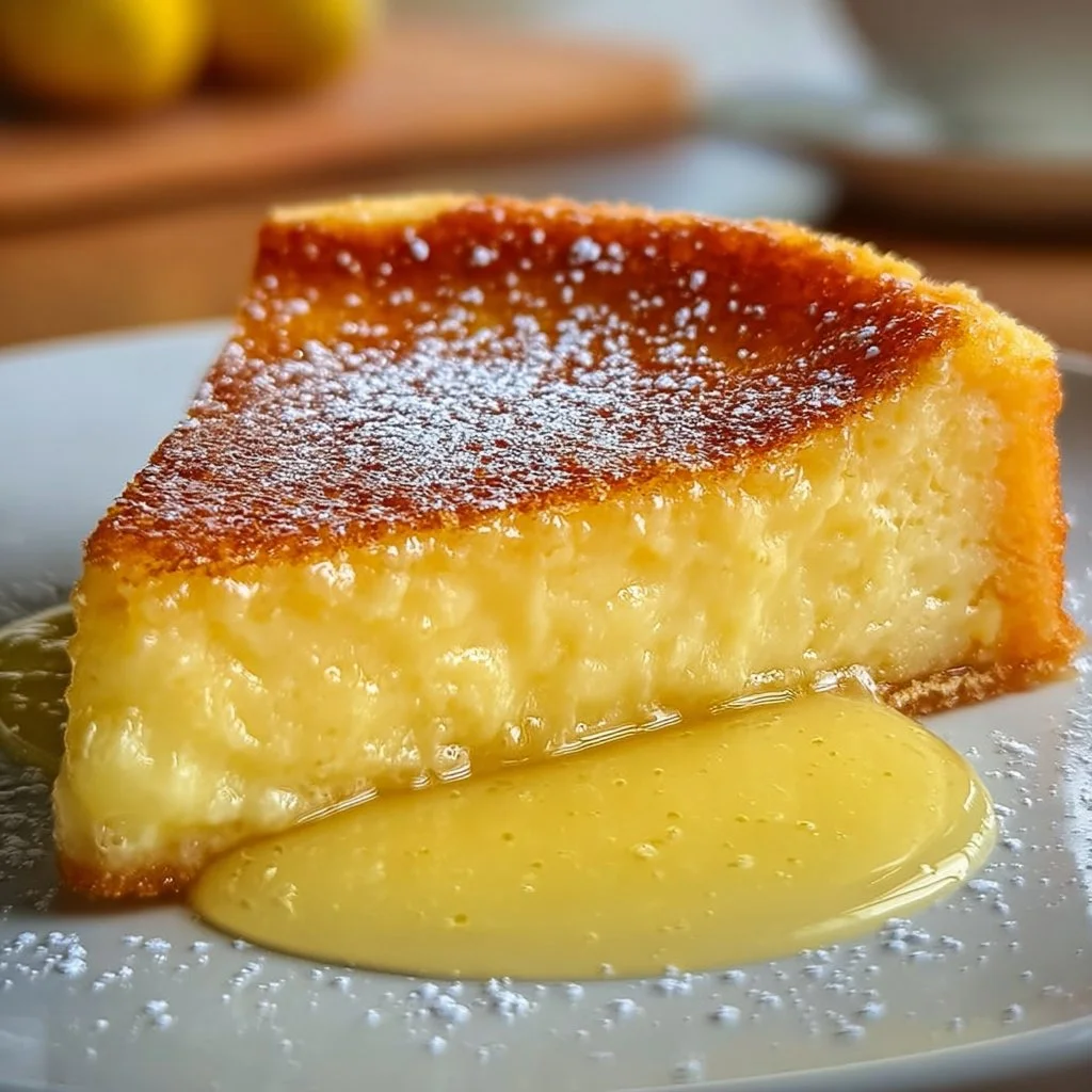 Slice of delicious Lemon Custard Cake topped with lemon zest and whipped cream