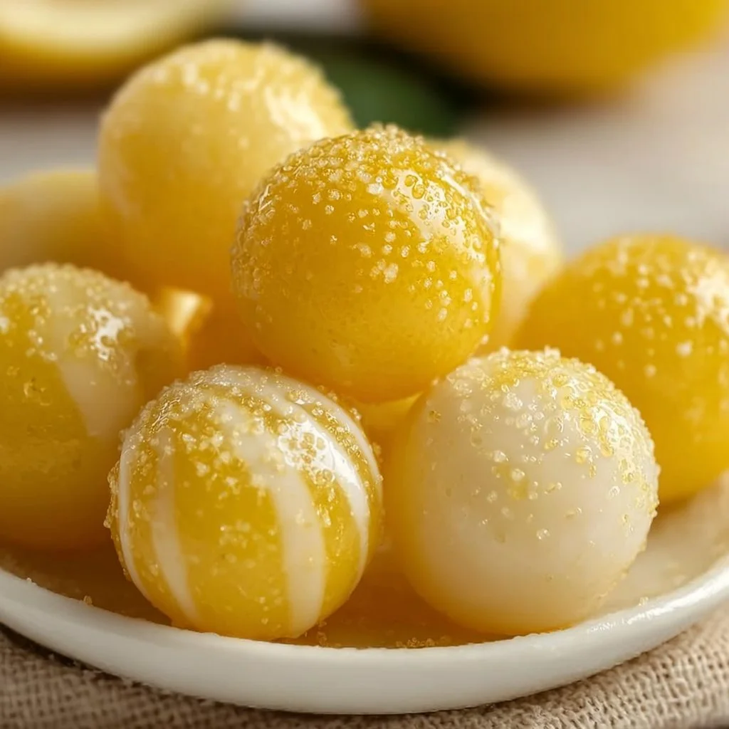 A close-up of lemon drops showcasing their bright yellow color and sugary coating.