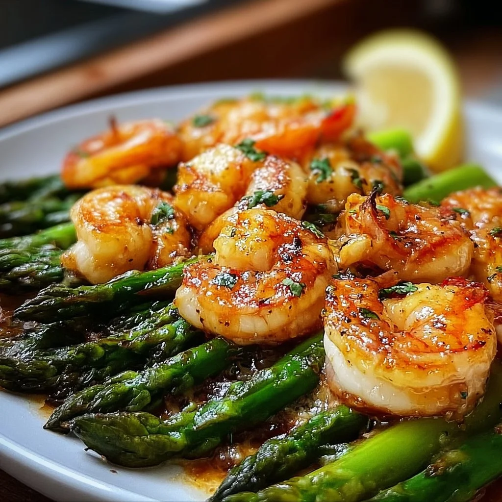 Lemon garlic shrimp and asparagus dish served on a plate.