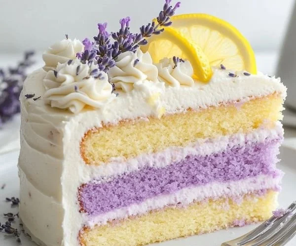 Delicious Lemon Lavender Cake topped with dried lavender flowers and lemon zest.