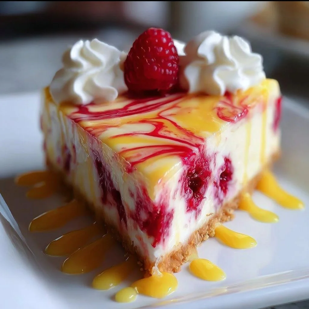 Slice of lemon raspberry marble cheesecake with fresh raspberries and lemon zest on top