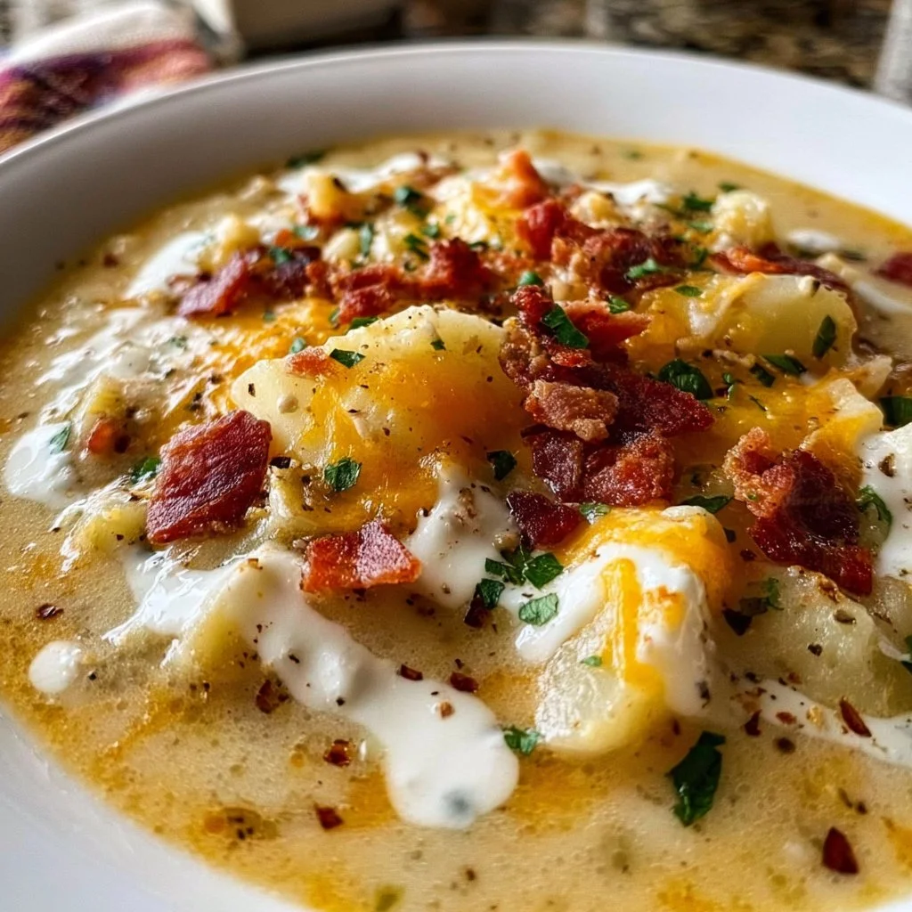 A bowl of creamy loaded baked potato soup topped with cheese and bacon