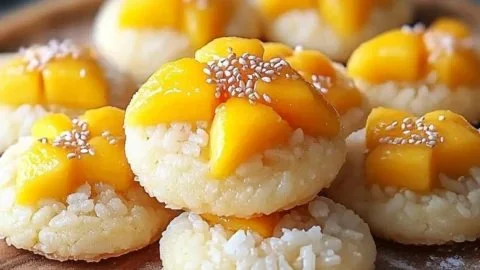 Delicious mango sticky rice cookies with tropical flavors and chewy texture