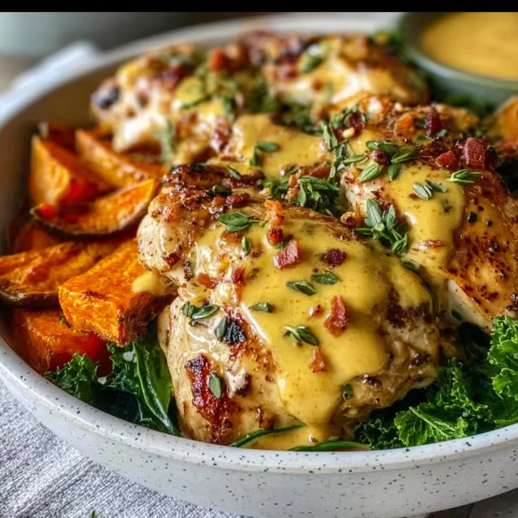 Maple Dijon Chicken served with roasted sweet potato bowls