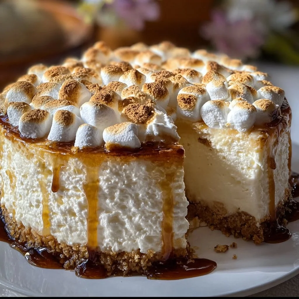 Delicious Marshmallow Cheesecake topped with fluffy marshmallows and a graham cracker crust.