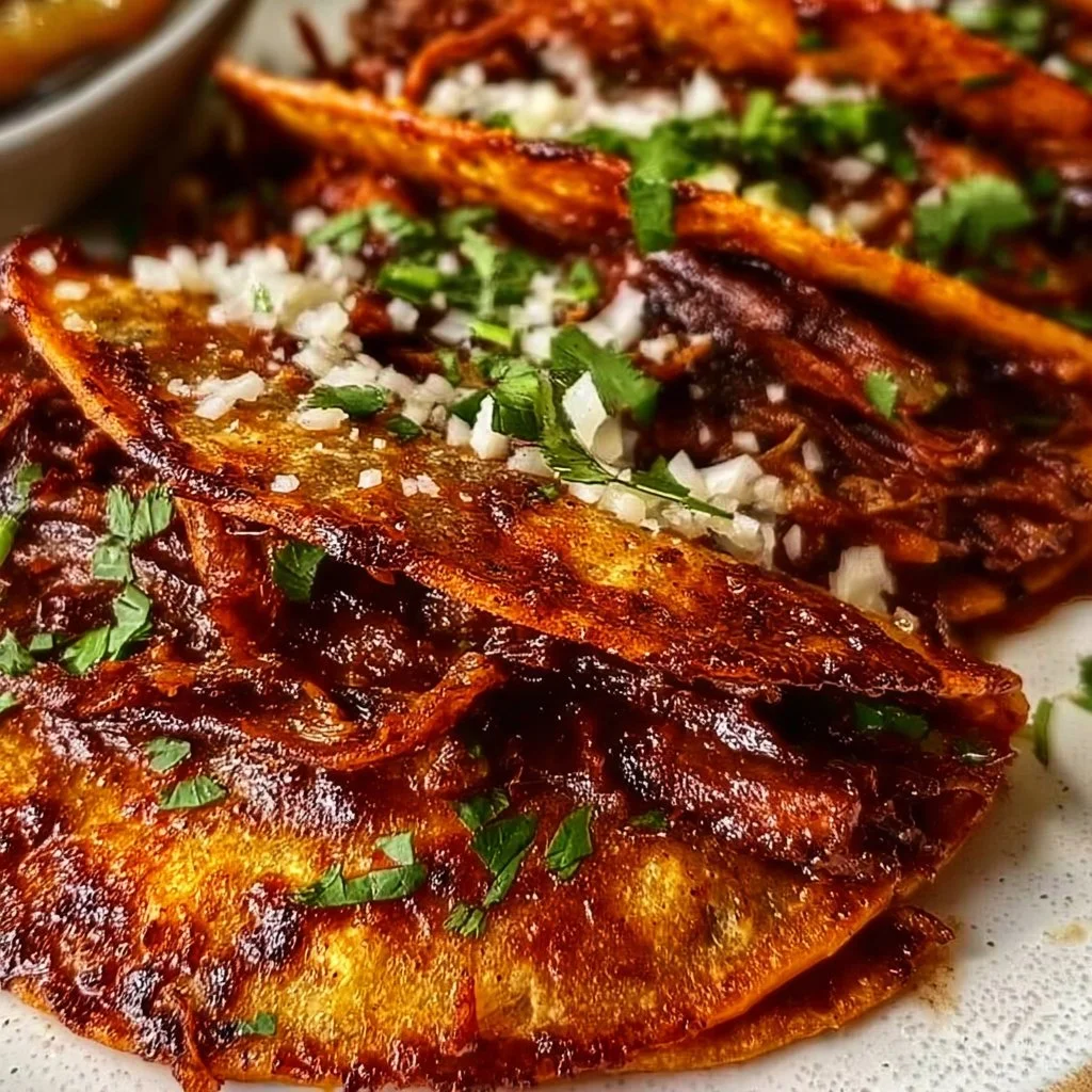 Delicious Mexican Birria Tacos served with fresh cilantro and onion