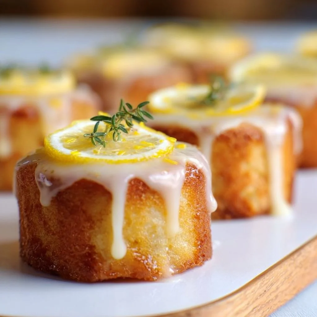 Mini lemon drizzle cakes with a bright lemon glaze on a white plate