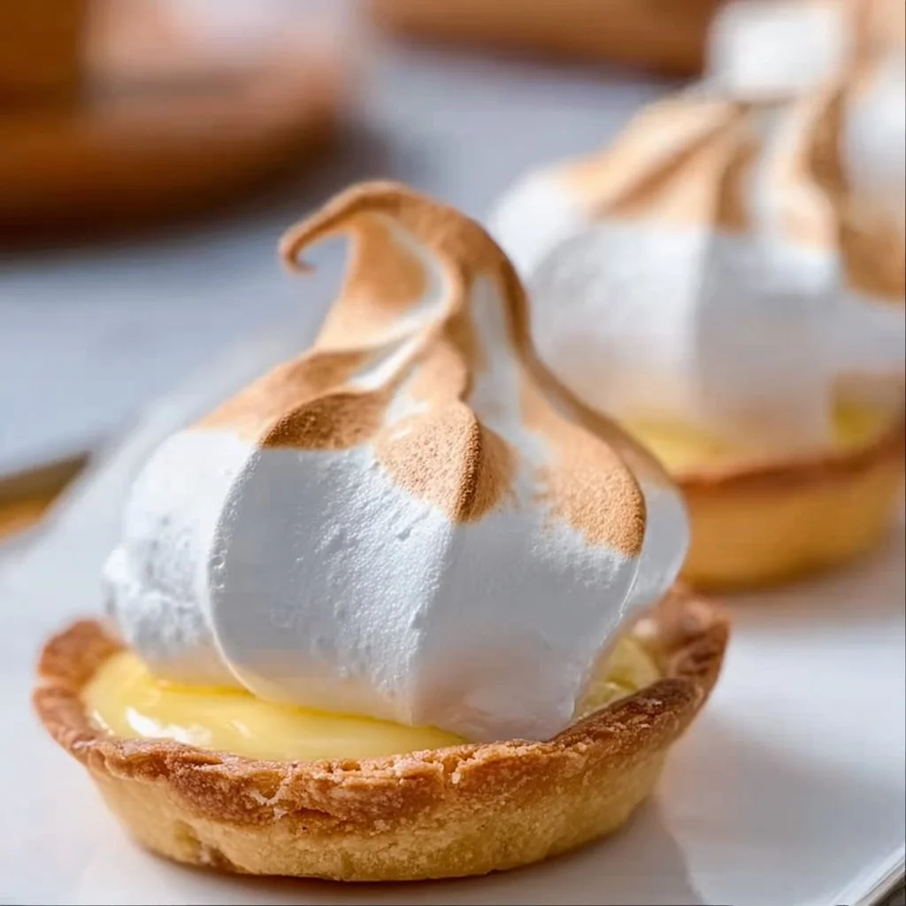 Mini lemon meringue tarts with fluffy meringue and lemon filling on a pastry crust.