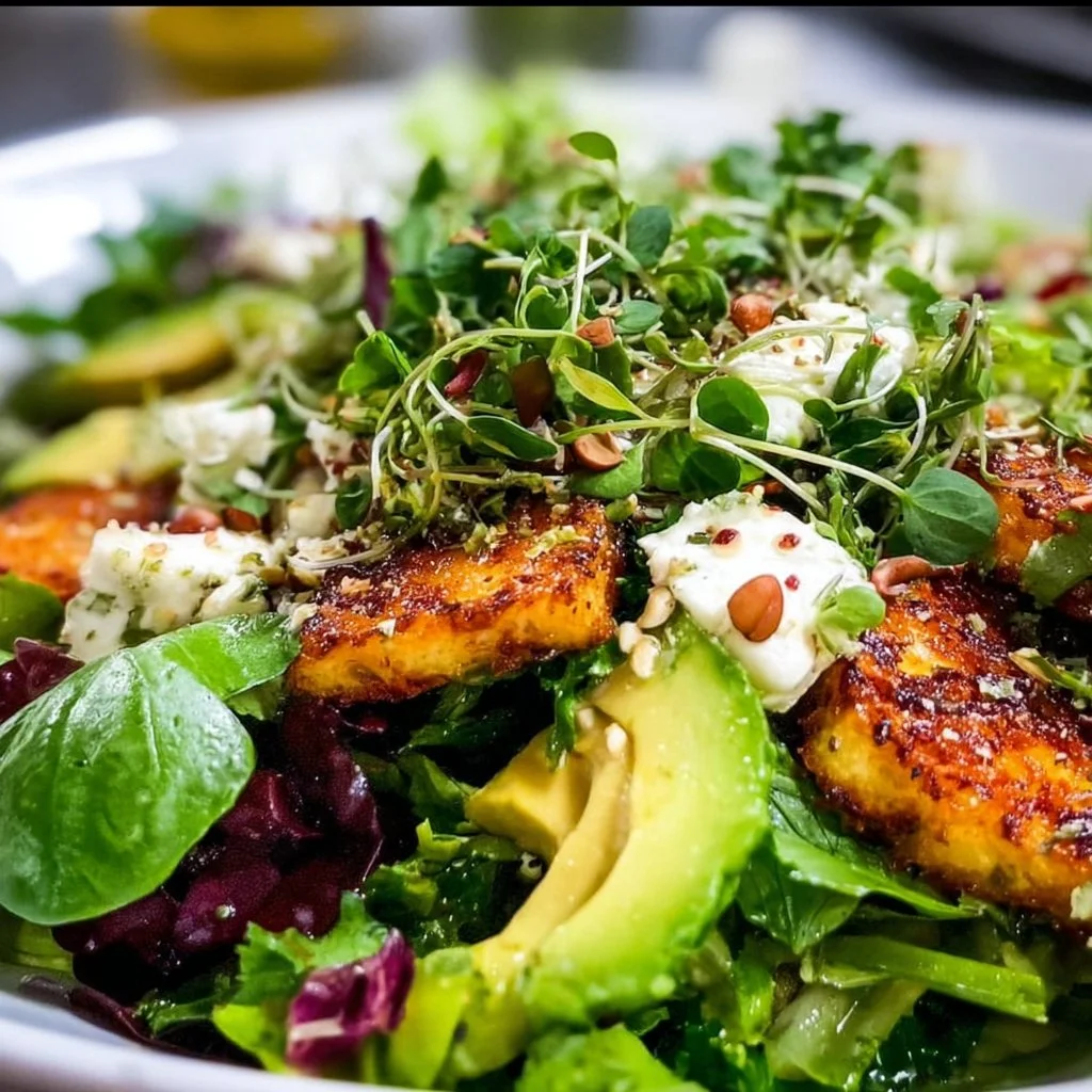 A vibrant mixed green salad with fresh vegetables and dressing