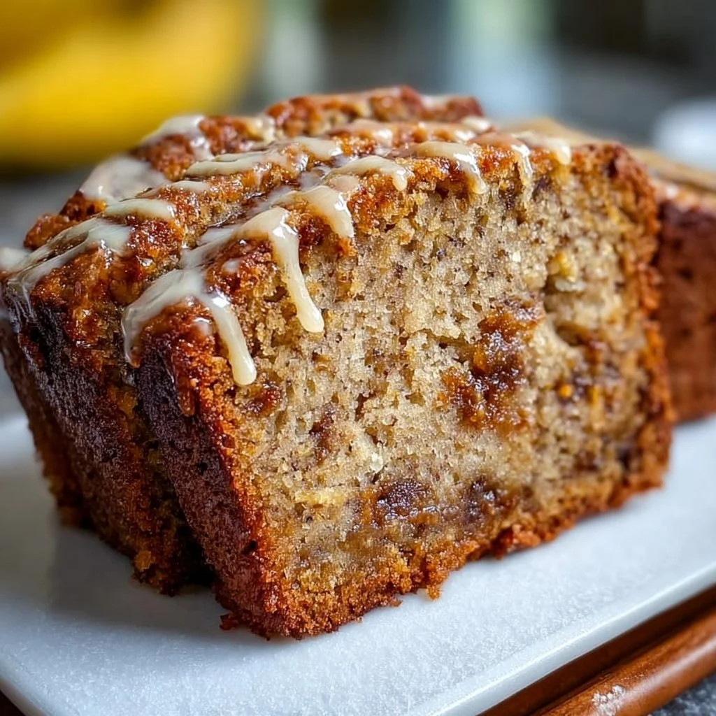Deliciously moist banana bread with chunks of ripe bananas and nuts.
