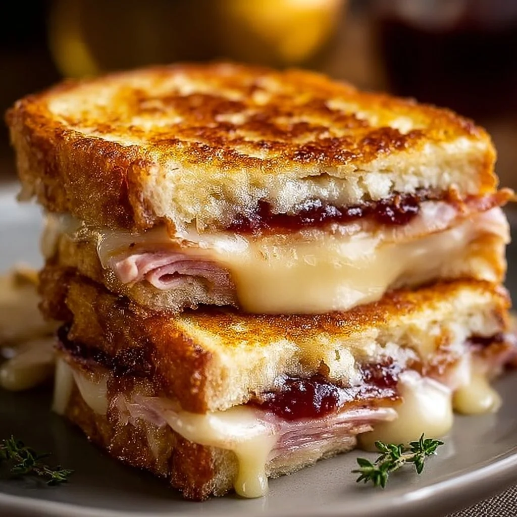 Delicious Monte Cristo sandwich with ham, turkey, cheese, and powdered sugar.