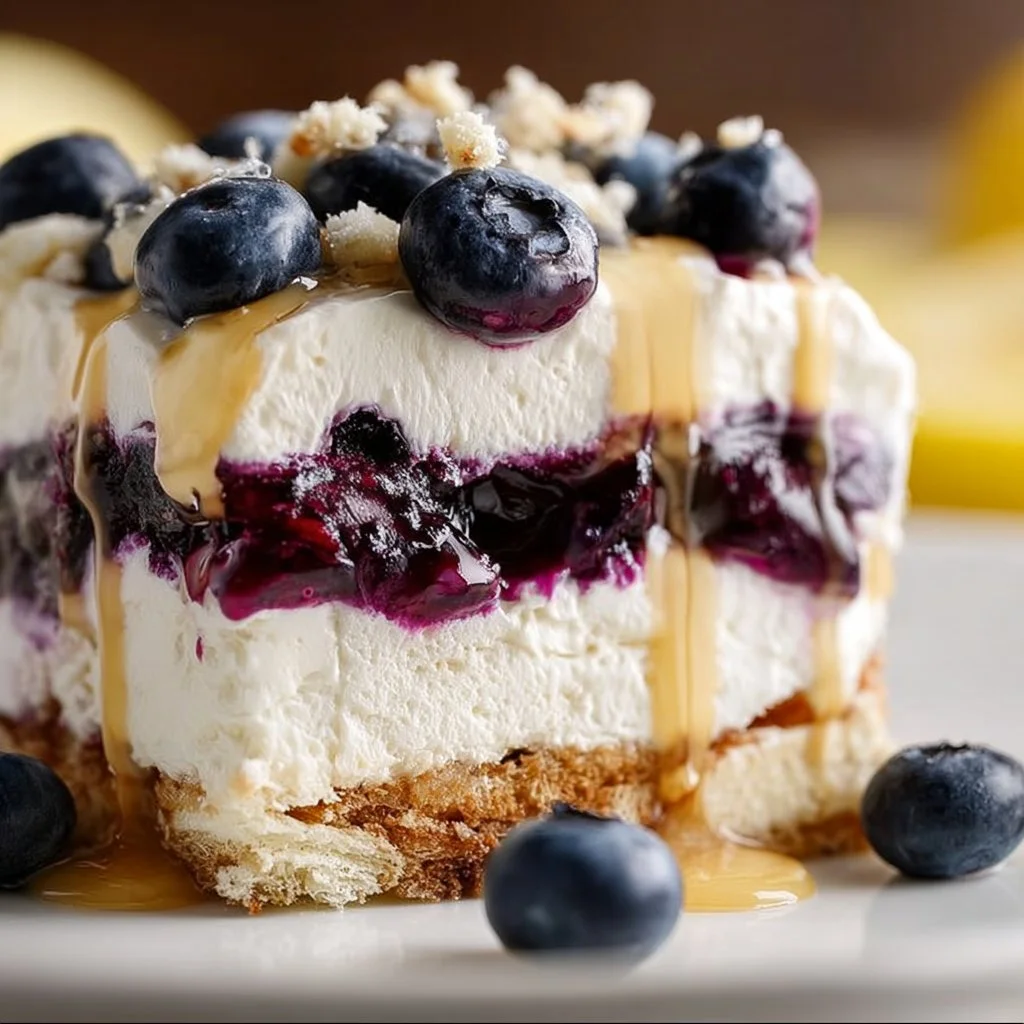 Delicious no bake blueberry lemon lush dessert served in a dish