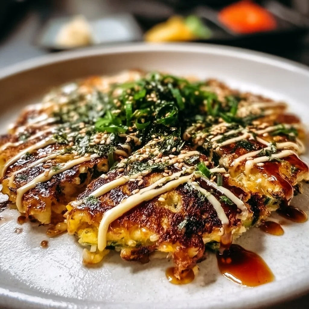 Delicious Okonomiyaki, a Japanese savory pancake topped with various ingredients.